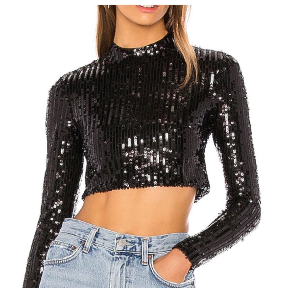 Superdown Tylee Black Long Sleeve Sequin Crop Top Size M